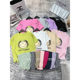 Set bộ áo cotton mặt cười phối quần kẻ li