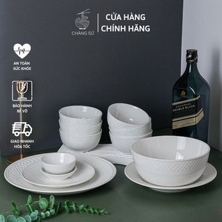 Bộ bát đĩa đẹp 12 món chén dĩa viền nổi sứ Minh Châu - Set bát dĩa sứ trắng họa tiết Bắc Âu - Vỡ 1 đổi 1