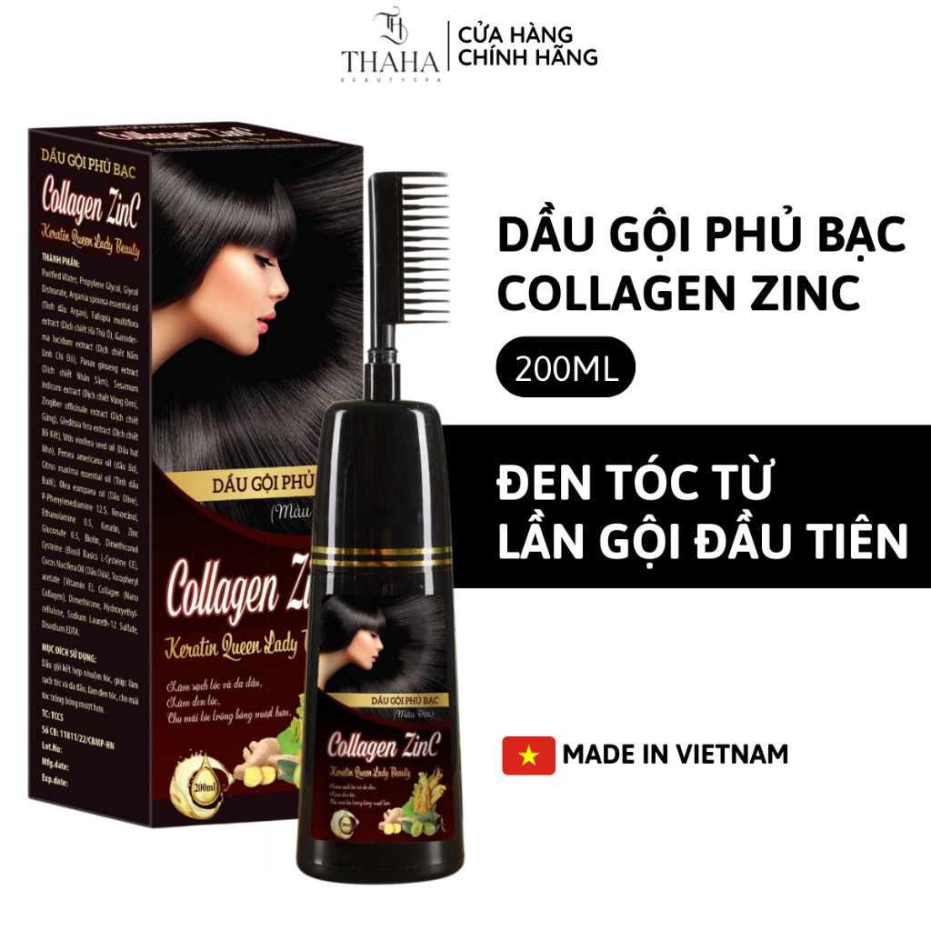 [CHÍNH HÃNG] Dầu gội phủ bạc kèm lược Collagen ZinC 200ml, Thành Phần Tự Nhiên Giúp Đen Tóc, Từ Lần Gội Đầu Tiên.