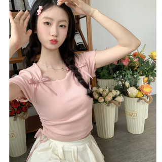 Áo thun Coquette gân nữ dáng croptop đính nơ chât liệu mềm mịn DELIZ dáng ngắn form brandy CHOUCHOU