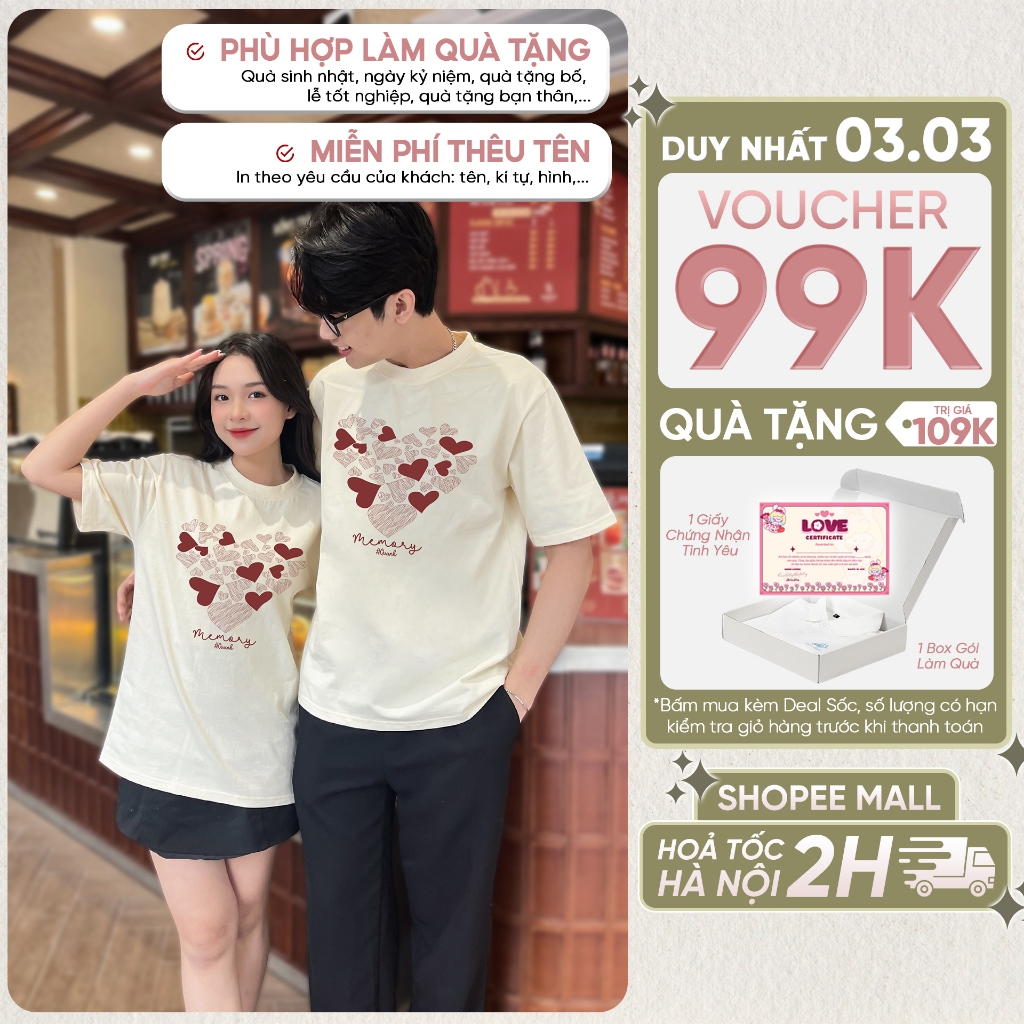 Áo phông đôi Memory LILA in tên theo yêu cầu vải Premium Cotton dáng Oversize 4 màu basic làm quà tặng bạn trai