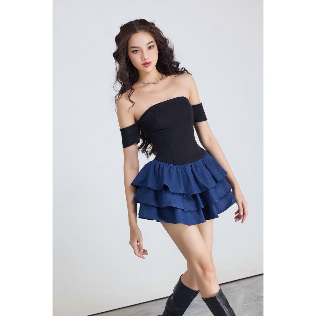 LORIS - Mello dress, đầm trễ vai chân váy jean đi tiệc