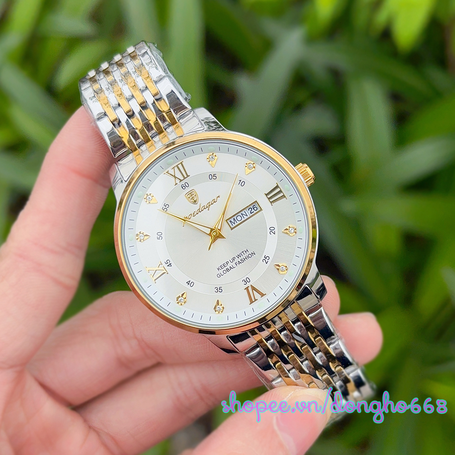 Đồng Hồ Nam Poedagar chính hãng Dây đeo đúc đặc bằng thép không gỉ, có Lịch kim dạ quang phát sáng, Chống nước