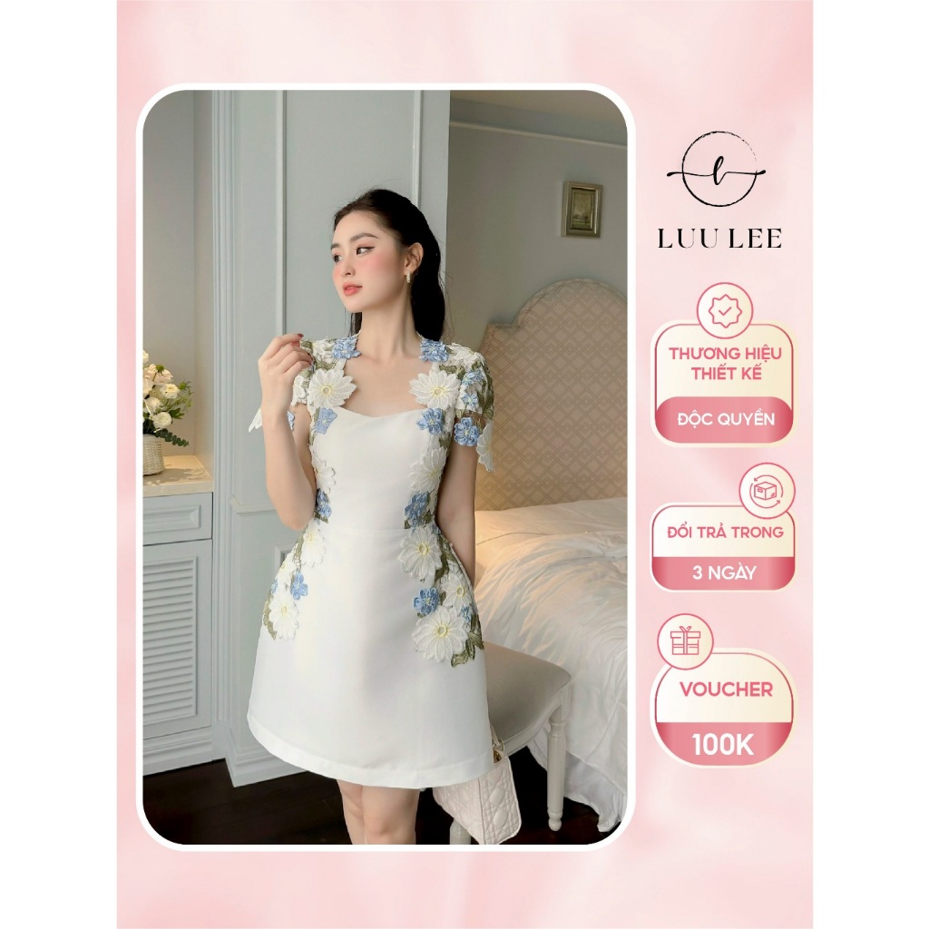 Váy Nữ Tafta, Đầm Nữ Phối Ren Hoa Xanh Cao Cấp Thiết Kế By LUU LEE VTK_10