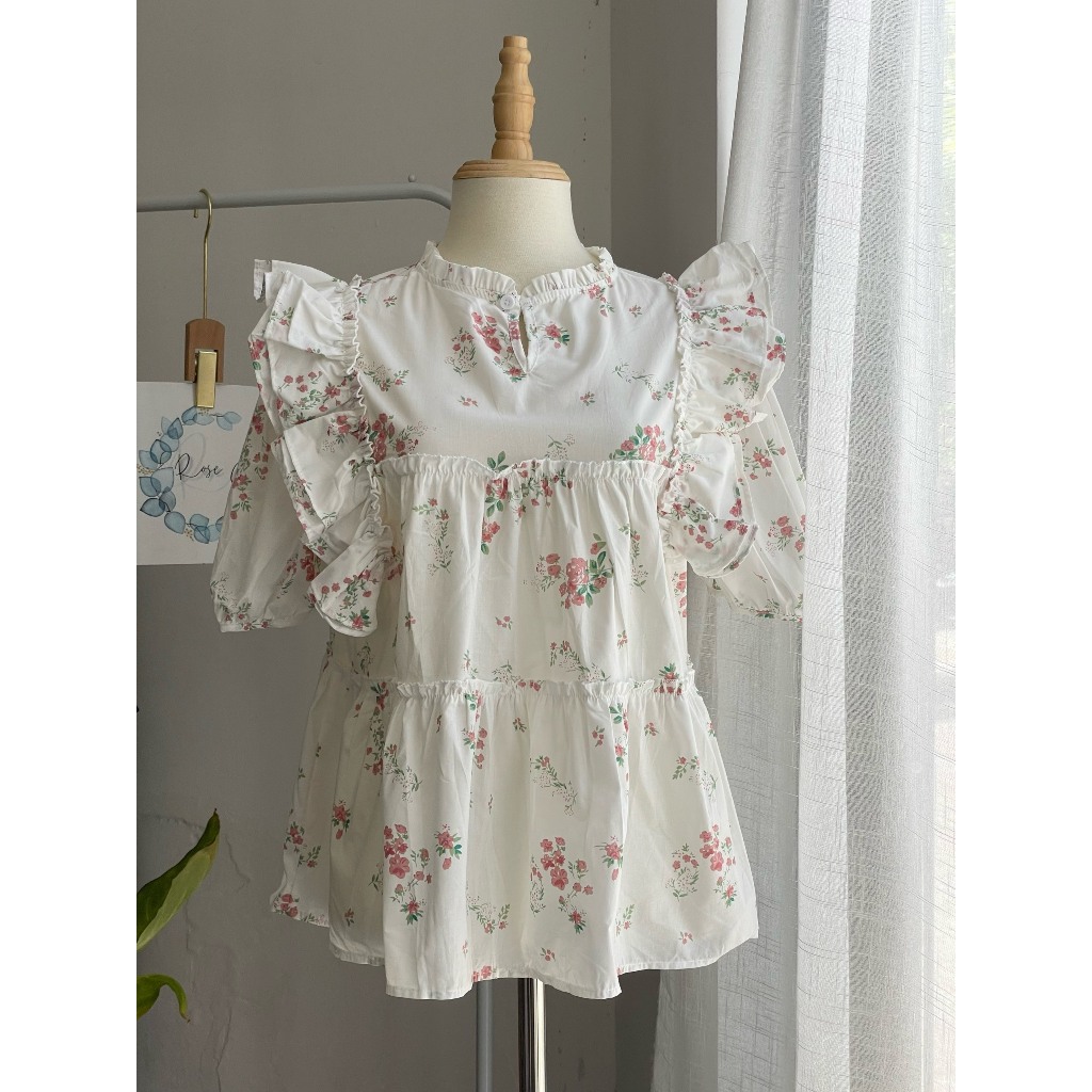 [ẢNH THẬT] Áo kiểu babydoll phối hoa nhí tay bèo