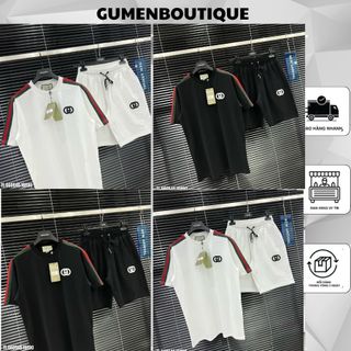  Bộ Quần Áo Gu Chì Nam Chất Liệu Cotton In Logo Trước Ngực Phối Sọc Xanh Đỏ Tay Áo - Bộ Cộc Tay Nam GC Gắn Logo