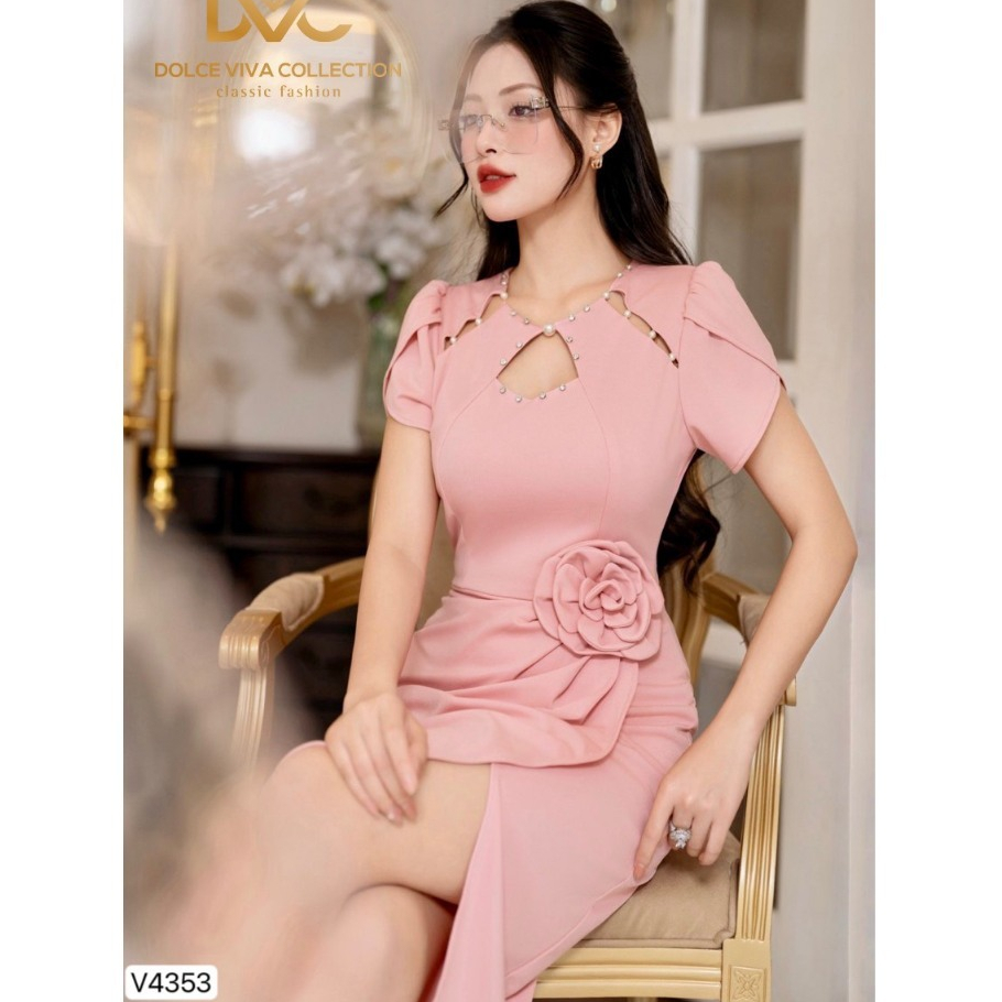 DẦM THIẾT KẾ CAO CẤP SANG CHANH, ĐẦM VÁY HỒNG ÔM BODY ĐÍNH HOA EO MẶC ĐI TIỆC V4353