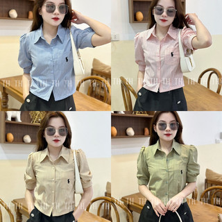 YD150 áo sơ mi kẻ thêu ngựa tay lỡ