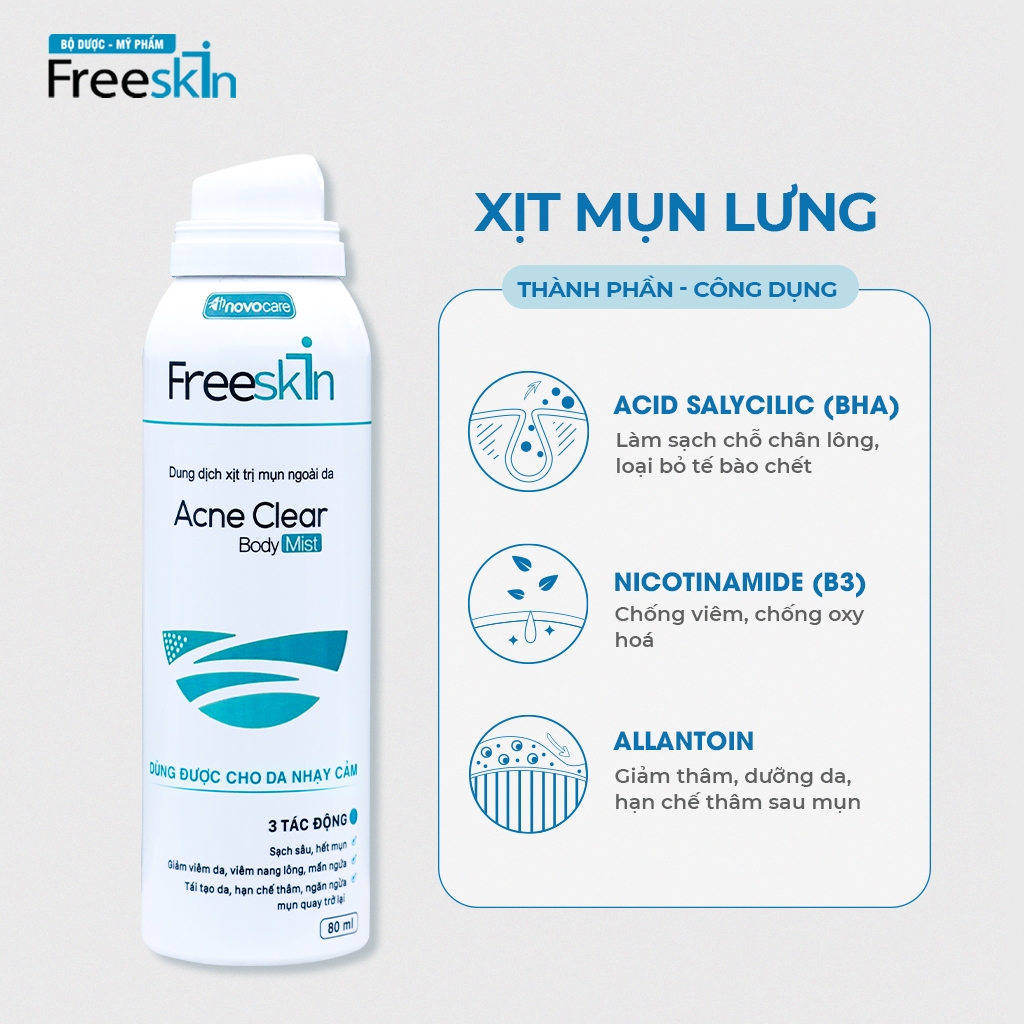Combo 3 xịt mụn lưng, viêm nang lông, dày sừng nang lông, viêm da Novocare - Freeskin, sạch mụn, mờ thâm, sáng da 80ml