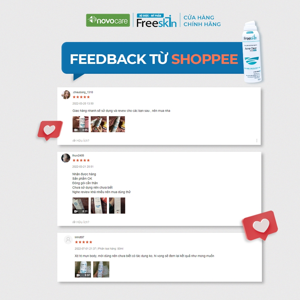 Combo 3 xịt mụn lưng, viêm nang lông, dày sừng nang lông, viêm da Novocare - Freeskin, sạch mụn, mờ thâm, sáng da 80ml