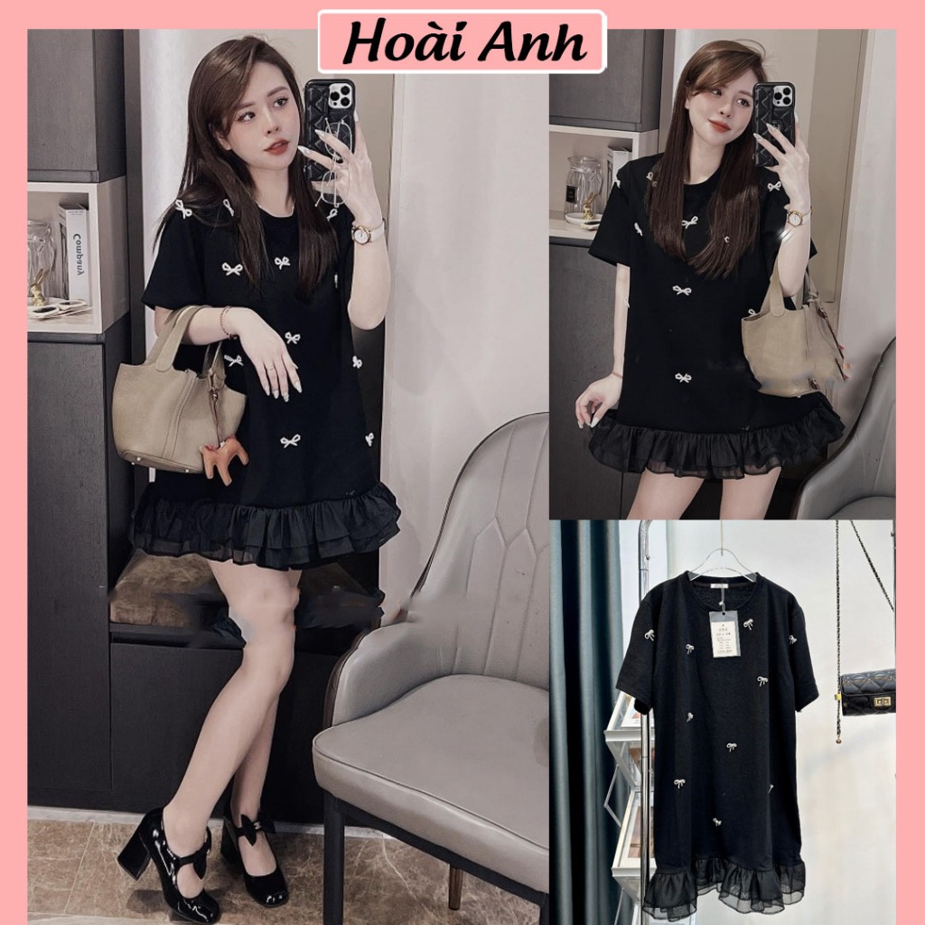 Váy Đen Phối Gấu Ren Đính Nơ Đá Nổi Ngắn Tay Đầm Nữ Cotton Nhiều Nơ Freesize