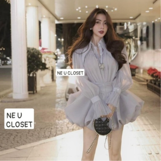 Set áo sơ mi tơ dài tay kèm chân váy bí bồng bềnh set đầm sơ mi set đầm bí,sẵ