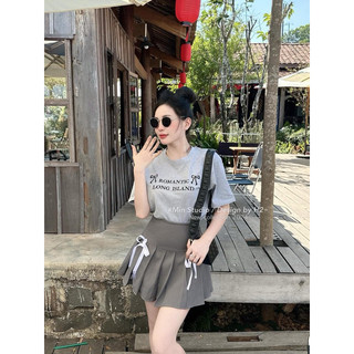 Set áo romantic mix chân váy xếp li nơ màu ghi ảnh thật