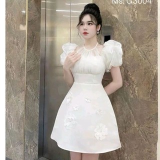 Váy tafta cổ yếm tay phồng tiểu thư xinh xắn 3 màu đen, trắng, hồng