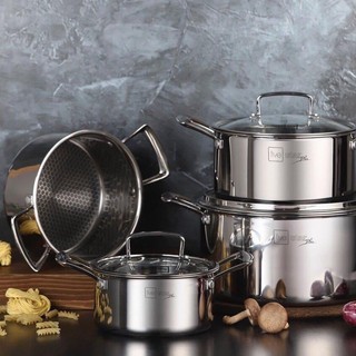 Bộ 4 nồi Inox 304 chống dính vân tổ ong Fivestar Blackcube nắp kính cao cấp