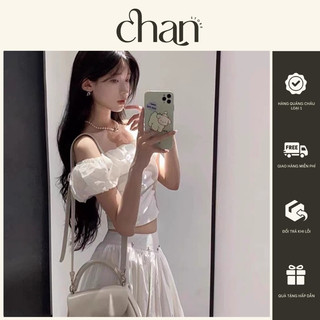 Set áo sơ mi kiểu trễ vai kèm chân váy trắng bí đính hạt phong cách hàn quốc M42
