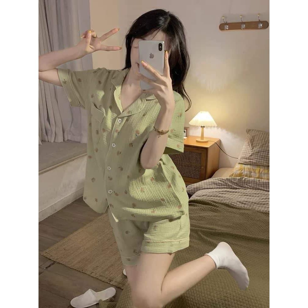 Bộ Pyjama Mặc Nhà Cộc Tay - Quần Đùi Chất Đũi Xốp Hàn freesize HOT TREND | BigBuy360 - bigbuy360.vn