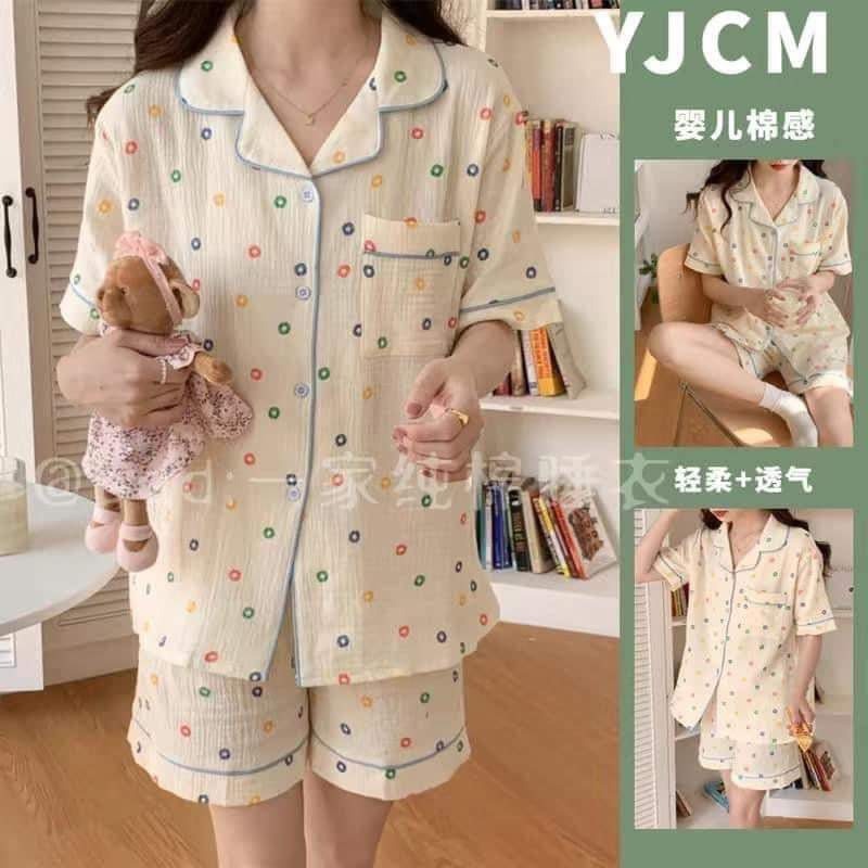 Bộ Pyjama Mặc Nhà Cộc Tay - Quần Đùi Chất Đũi Xốp Hàn freesize HOT TREND