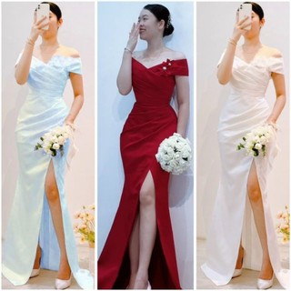 Đầm dạ hội body bẹt vai xếp ly xẻ đùi đính hoa tang hoa tai