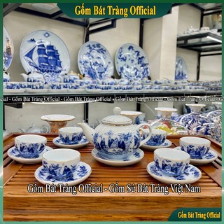 Bộ ấm trà men lam phỏng cổ trúc lâm thất hiền, bộ ấm trà trúc lâm thất hiền men lam vẽ vàng