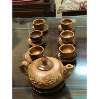 Bộ ấm chén trang trí phòng khách gỗ bách xanh thơm liền khối