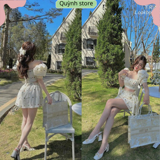 Sét áo tay bồng cổ vuông dáng croptop phối quần short buộc nơ siêu xinh