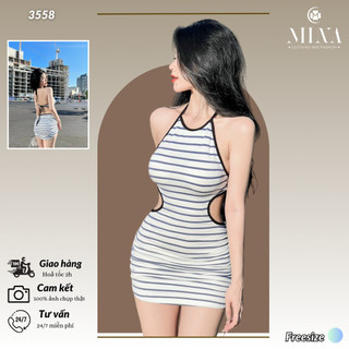 Đầm body ngắn Cổ Yếm Nhún 2 Bên cột sau sexy ,váy body cổ yếm cột dây sau - 3558