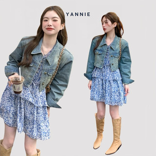 Set váy đầm voan hoa nhí xanh dài tay dáng ngắn xếp tầng + áo khoác bò jeans nữ denim dáng ngắn croptop Yannie
