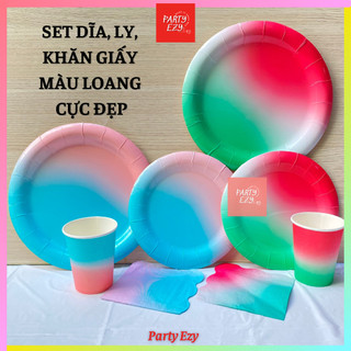 Set dĩa, ly, khăn giấy màu loang cực đẹp - phụ kiện sinh nhật