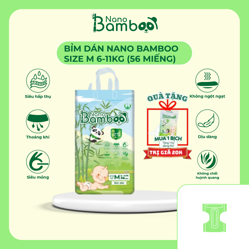 [CHÍNH HÃNG] Tã/Bỉm dán Nano Bamboo size M (6-11kg) 56 miếng