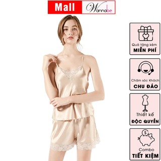 Bộ short lụa WANNABE BS606 bộ sọt quần đùi áo 2 dây phối ren lưng ngực mềm mại dịu dàng cho bạn gái