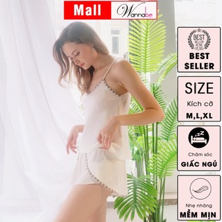 Đồ bộ mặc nhà phi lụa WANNABE BSS02 đồ bộ quần short đắp chéo lá sen viền ren hoa nhí xinh xắn