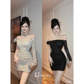 Váy body kimsa,đầm bling bling bệt vai tay rơi.may theo số đo.vickystore a2