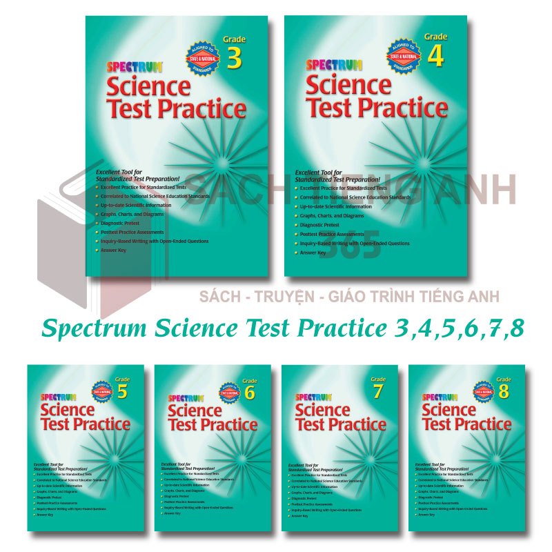 Sách - Spectrum - Science Test Practice - Grade 3,4,5,6,7,8 (đen trắng)