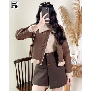 Áo khoác nữ Twentyfive dáng ngắn vải da lộn lót lông cừu cổ bẻ, phối đai 5412
