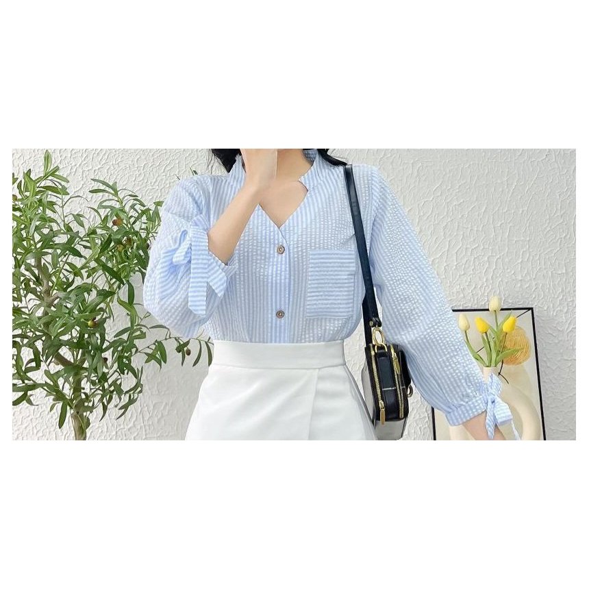 Áo trụ sọc gân cổ tim tay lửng cột nơ