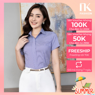 Áo Sơ Mi Nữ Công Sở Thiết Kế Họa Tiết Caro Đẹp Ngắn Tay Vải Hàn Cao Cấp Không Nhăn Nhàu NK FASHION NKSM2012010