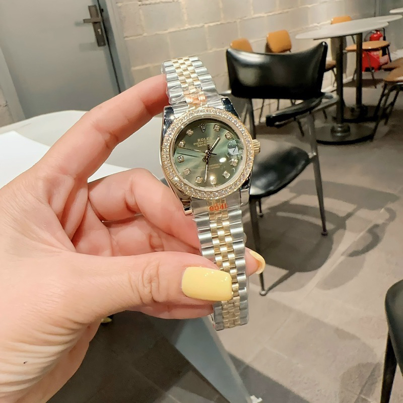 Đồng hồ Rol.exx Nữ Cao Cấp Máy  Pin Mặt Siz 31mm Dây Kim Loại Thép Không Gỉ Demi Gold mặt xanh
