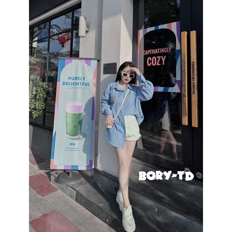 Áo Sơ Mi Nữ MIUMIU Đính Đá Kẻ Sọc Form Rộng Unisex Hót Hít | BigBuy360 - bigbuy360.vn