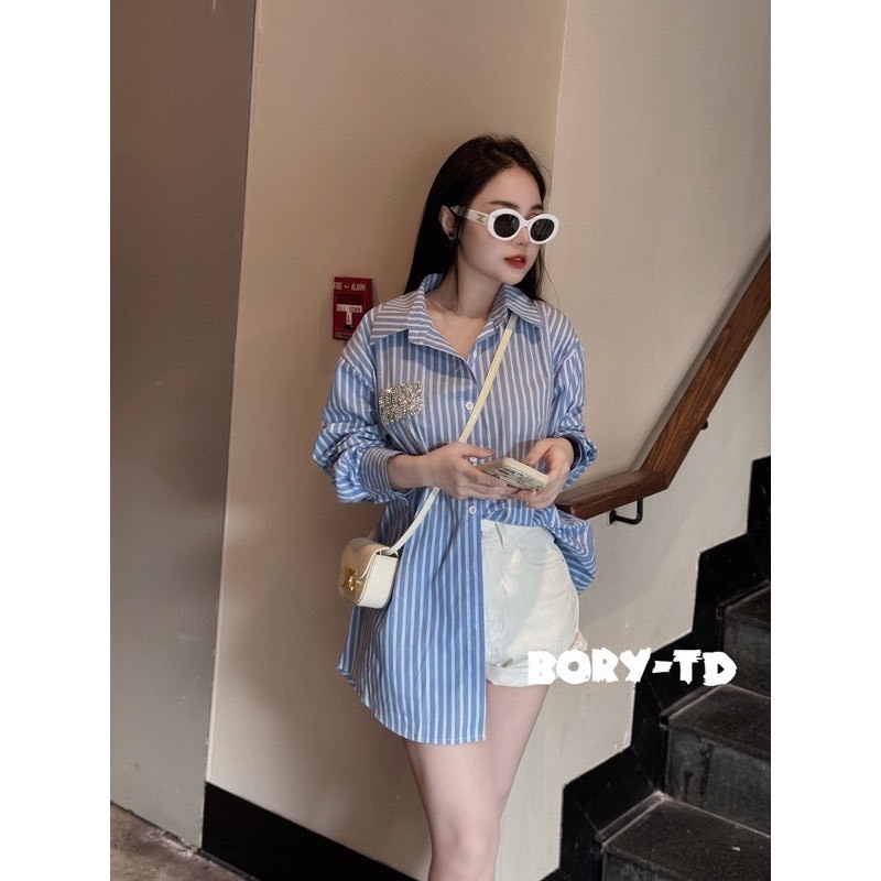 Áo Sơ Mi Nữ MIUMIU Đính Đá Kẻ Sọc Form Rộng Unisex Hót Hít | BigBuy360 - bigbuy360.vn