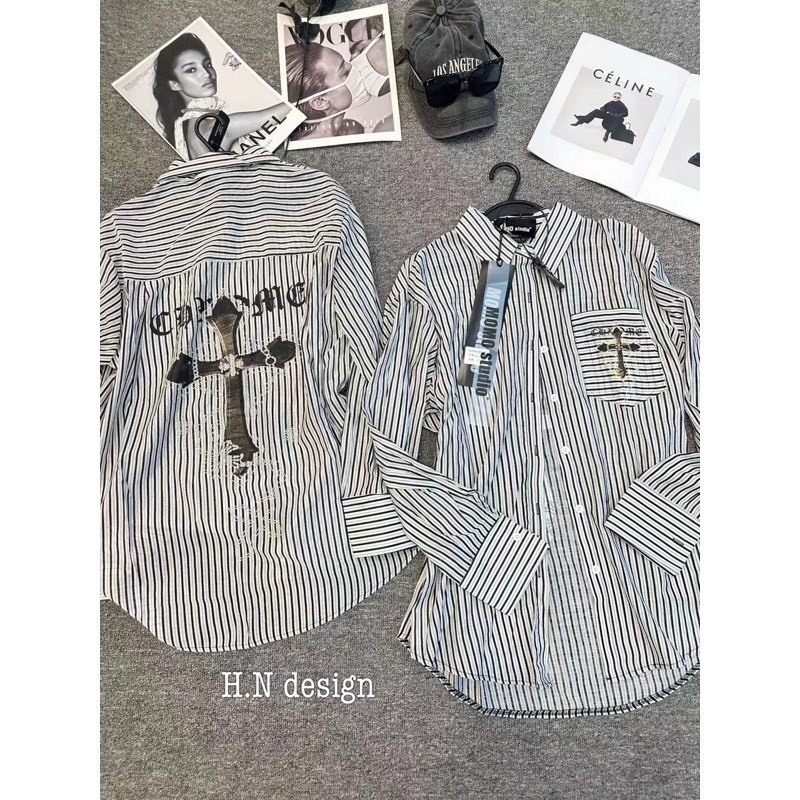 Áo Sơ Mi Nữ Chữ Chập Kẻ Sọc Đen Form Rộng Unisex Vải Lụa Nến Cao Cấp | BigBuy360 - bigbuy360.vn