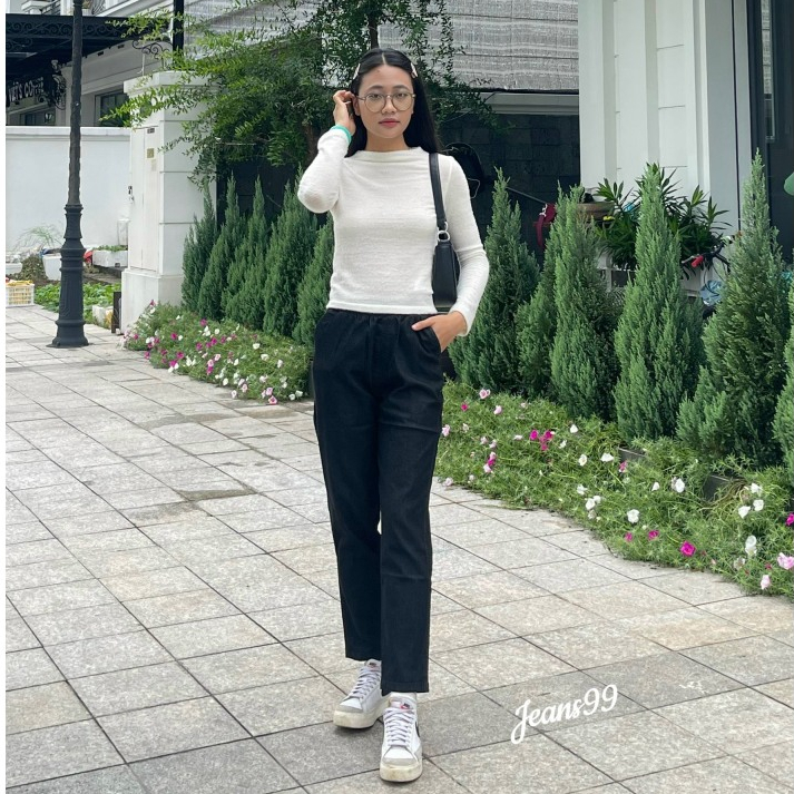 Quần jean giấy baggy nữ mềm mát cạp chun lưng cao Jeans99