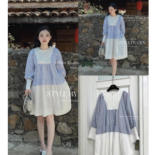Đầm váy babydoll kẻ tay dài phối màu xinh xắn, dễ thương S026