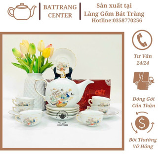 (7MẪU) Bộ Ấm Chén Pha Trà Bát Tràng - vẽ Vinh Hoa Phú Quý,Tài Lộc Viên Mãn,men Trắng,viền Vàng kim,ĐĨA LƯỢN