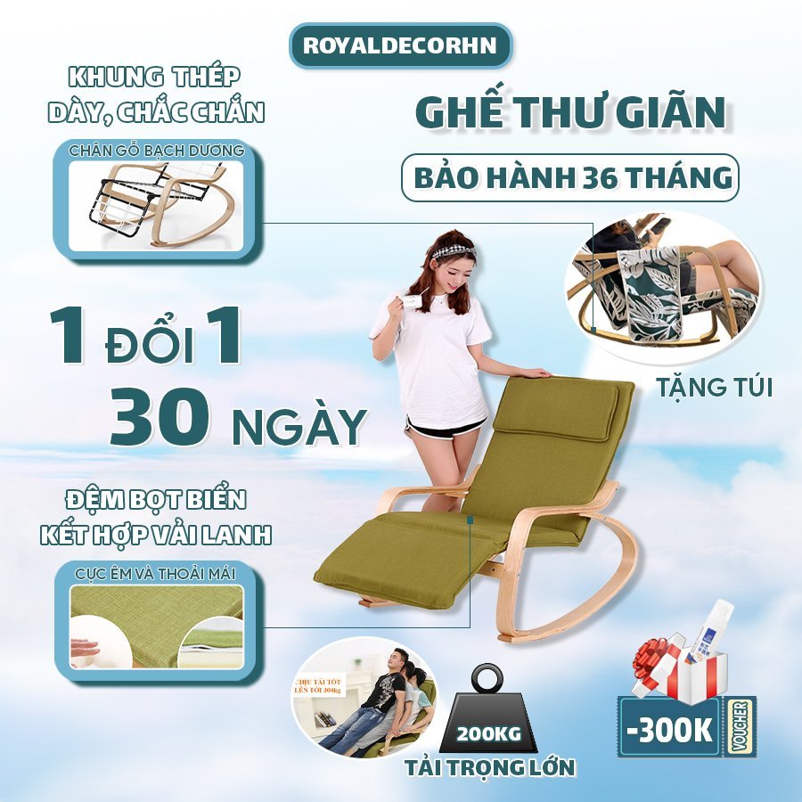 Ghế bập bênh poang thư giãn có gác chân khung sắt chắc chắn, đệm bọt biển bảo hành 36 tháng