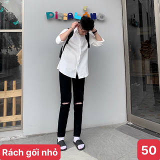 Quần jeans nam rách gối màu đen trơn chất bò cao cấp co dãn 4 chiều đẹp form dáng skinny boy phố HAVADOSHOP M50 mẫu mới