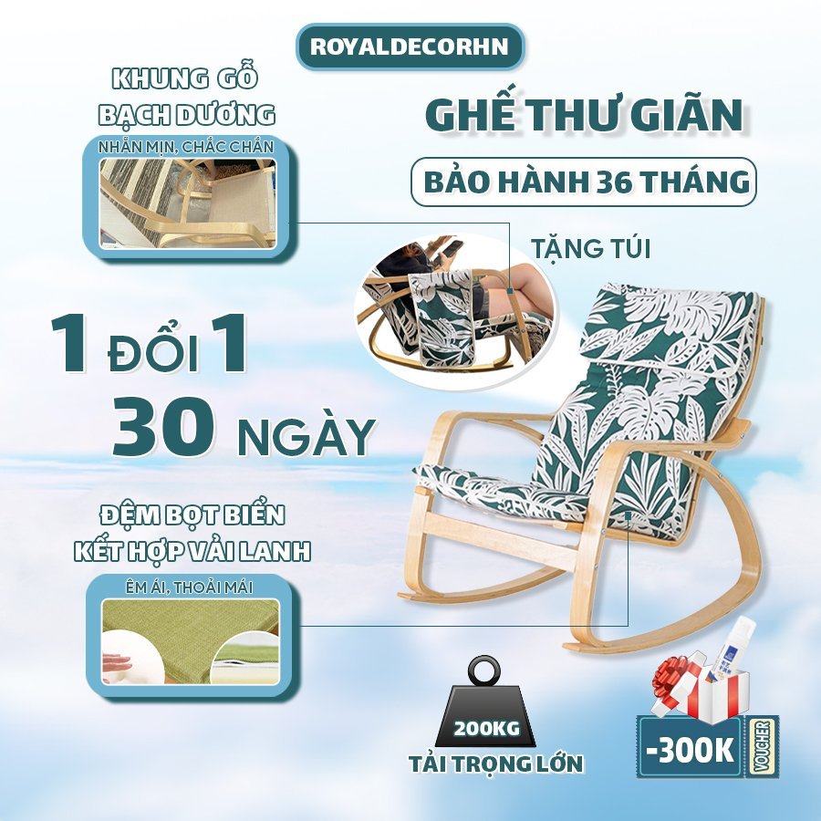 Ghế bập bênh thư giãn đọc sách, ghế tựa lưng poang khung gỗ bạch dương chắc mịn, Ghế Poang đệm bọt biển