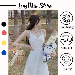 Đầm hai dây màu trắng hở lưng buộc nơ điều chỉnh thiết kế cổ chéo dáng dài chân váy xòe chữ A thời trang hè thu