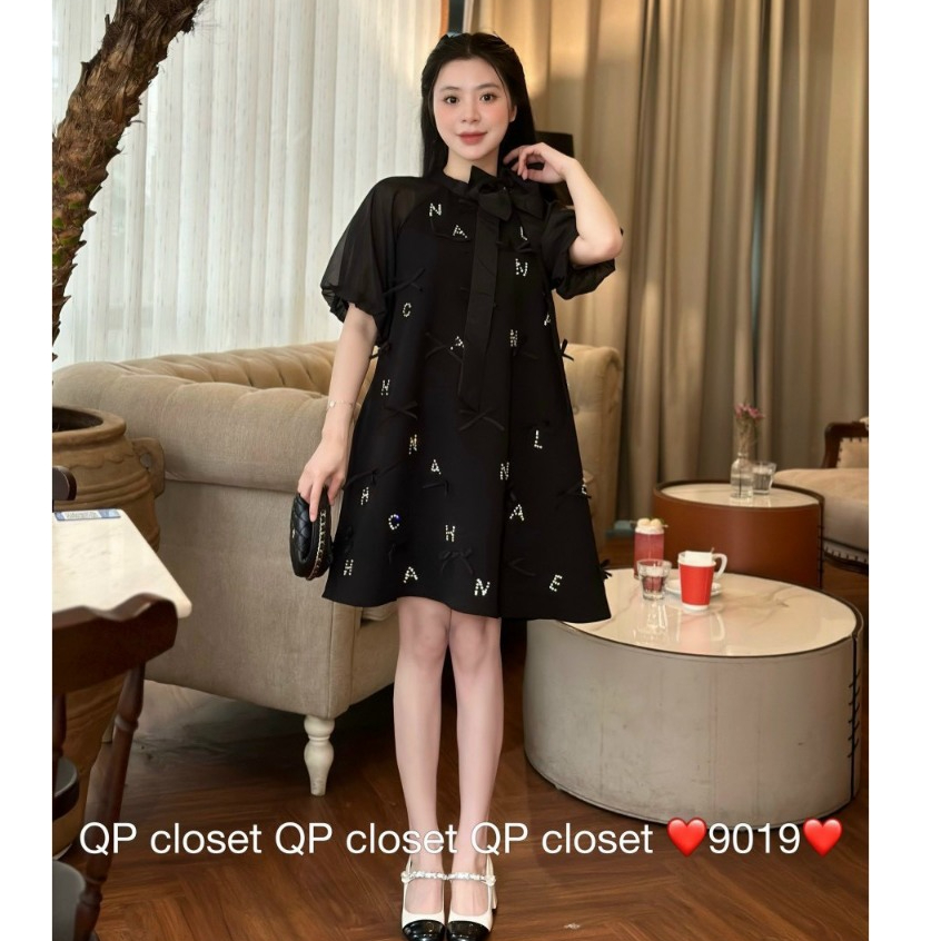 Váy suông tuyết mưa phối tay tơ đính nơ khâu đá mặc đi làm đi tiệc đều xinh bầu bí bon chen thoải mái ạ,váy bầu tay ngắn