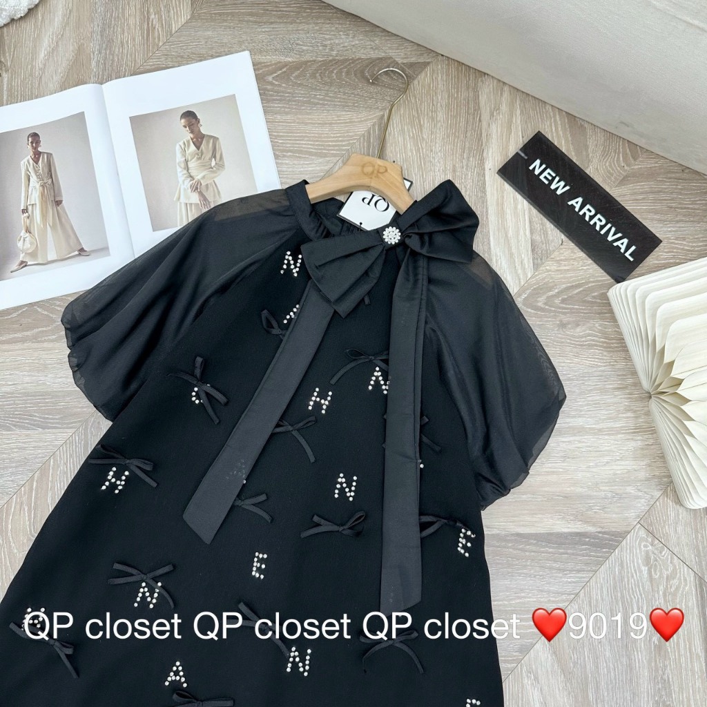 Váy suông tuyết mưa phối tay tơ đính nơ khâu đá mặc đi làm đi tiệc đều xinh bầu bí bon chen thoải mái ạ,váy bầu tay ngắn
